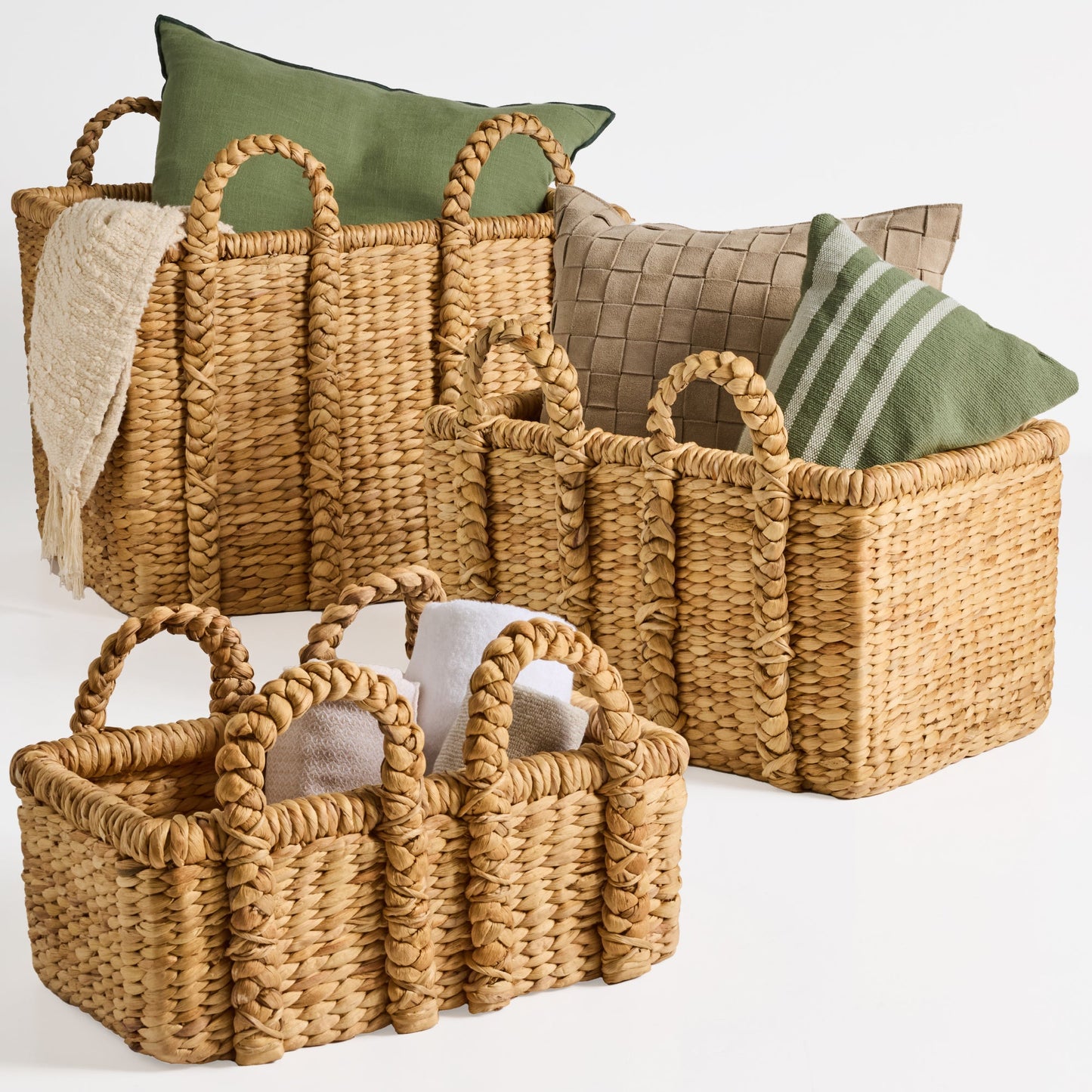 Set of 3, Water Hyacinth Chunky Baskets w/Handles