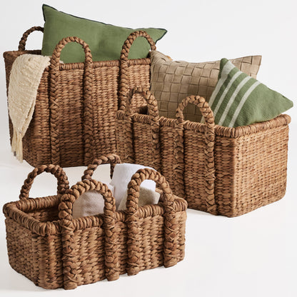 Set of 3, Water Hyacinth Chunky Baskets w/Handles